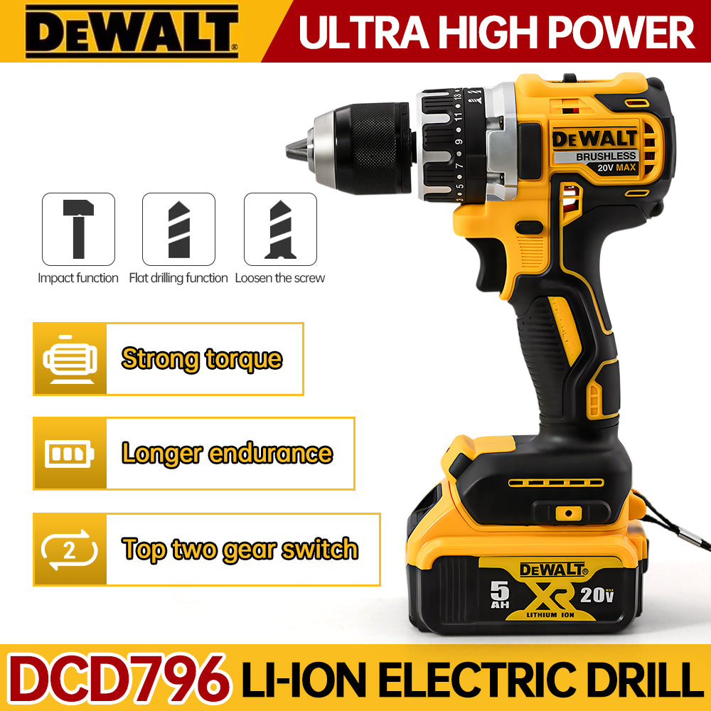 Dewalt DCD796 Cordless Brushless Impact Drill Brushless Drill Multifunctional Rechargeable Portable 20V Battery Power Tools