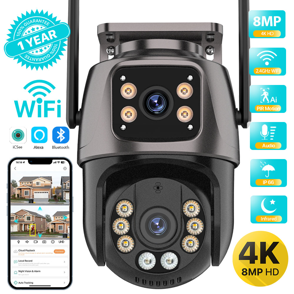 4K 8MP HD Wifi PTZ Camera Outdoor 4MP Dual Lens Dual Screen AI Auto Tracking IP Camera CCTV Audio Video Surveillance Security Camera