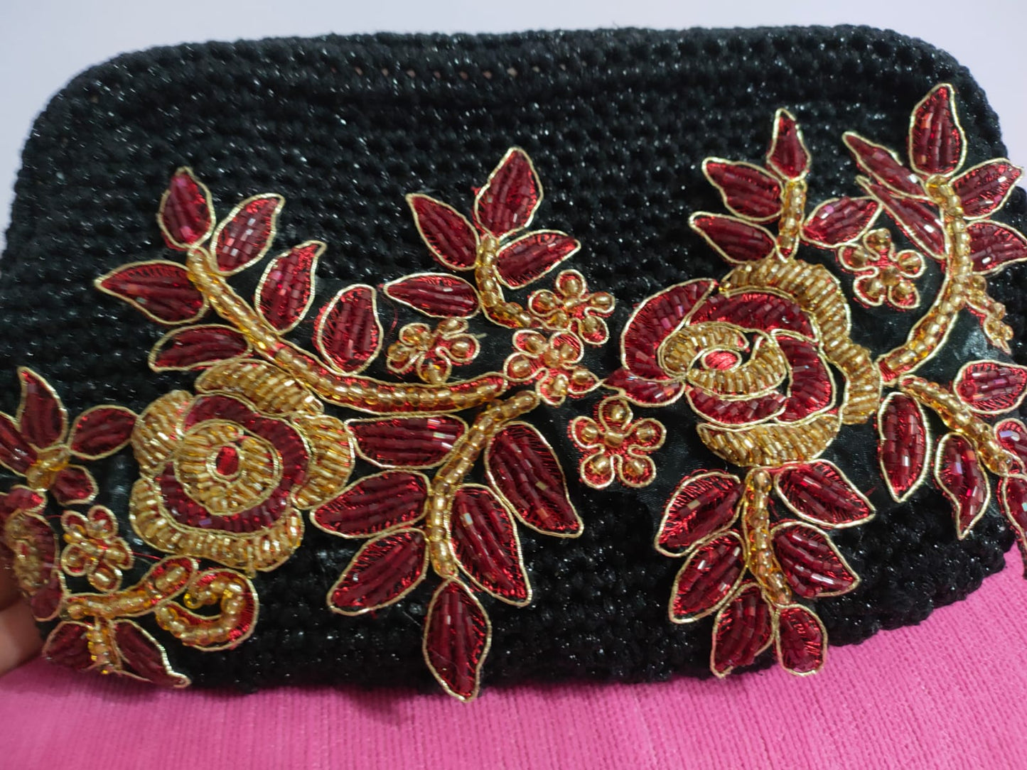 Black Crochet Clutch with Burgundy Flowers – Handmade Elegance