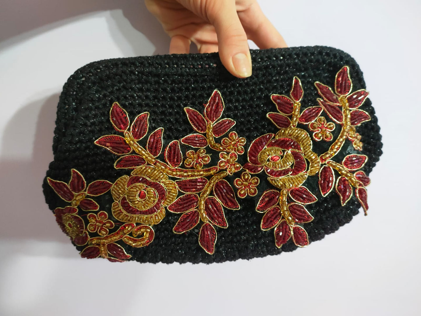 Black Crochet Clutch with Burgundy Flowers – Handmade Elegance