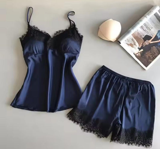 Women Pajama Suit Fashion V-Neck Stretch Satin Babydoll Lace Sexy Lingerie Bowknot Pyjamas Sleep Shorts Set Sleepwear New