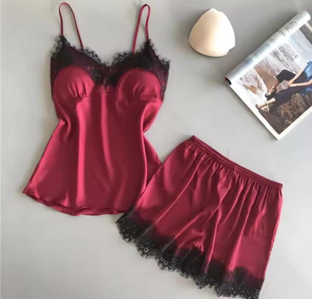 Women Pajama Suit Fashion V-Neck Stretch Satin Babydoll Lace Sexy Lingerie Bowknot Pyjamas Sleep Shorts Set Sleepwear New