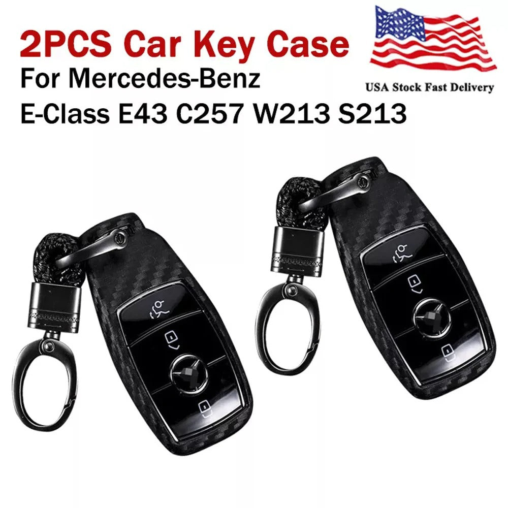 2Pcs Car Key Case With Keychain Carbon Fiber Look Protector Accessories For Mercedes-Benz Series E-Class E43 C257