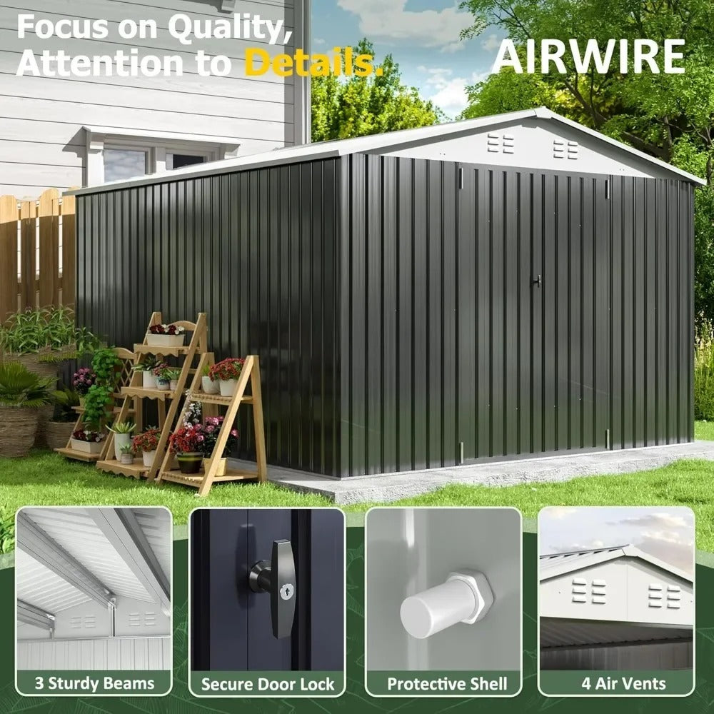 12x10 FT Outdoor Storage Shed – Lockable Metal Tool Shed for Backyard