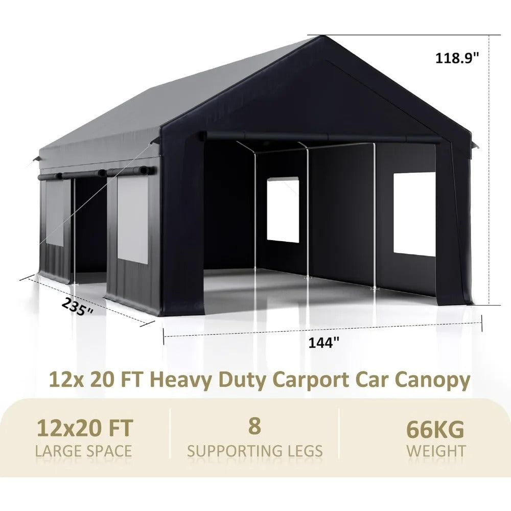 12' X 20' Heavy Duty Portable Carport – Outdoor Garage Canopy with Side-Opening Door