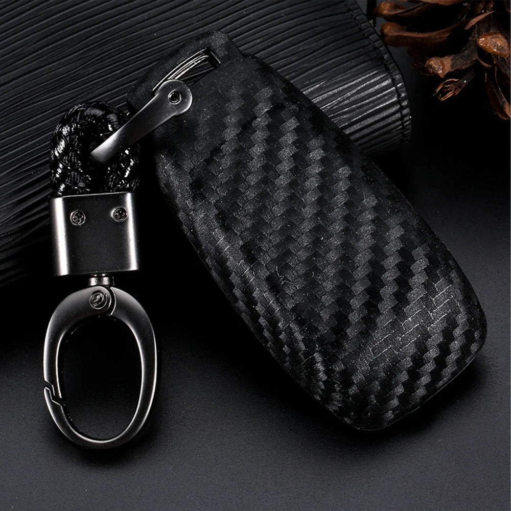 2Pcs Car Key Case With Keychain Carbon Fiber Look Protector Accessories For Mercedes-Benz Series E-Class E43 C257