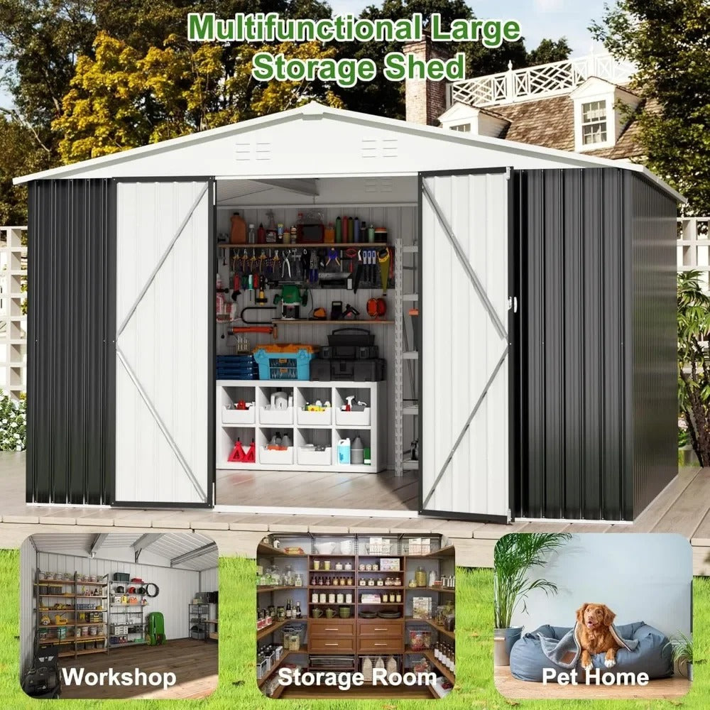 12x10 FT Outdoor Storage Shed – Lockable Metal Tool Shed for Backyard