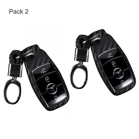 2Pcs Car Key Case With Keychain Carbon Fiber Look Protector Accessories For Mercedes-Benz Series E-Class E43 C257