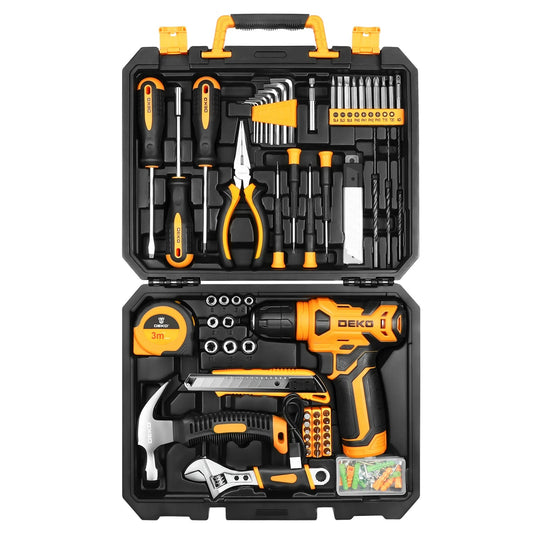 DEKO 126Pcs Power Tool Combo Kits with 8V Cordless Drill,10MM 3/8'' Keyless Chuck,Professional Home Household DIY Hand Tool Kits